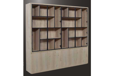 EGK099 Glaskast eiken rustiek PUUR/DUNE 4drs eiken/ 4drs metaal versprongen (230x241x40 cm)